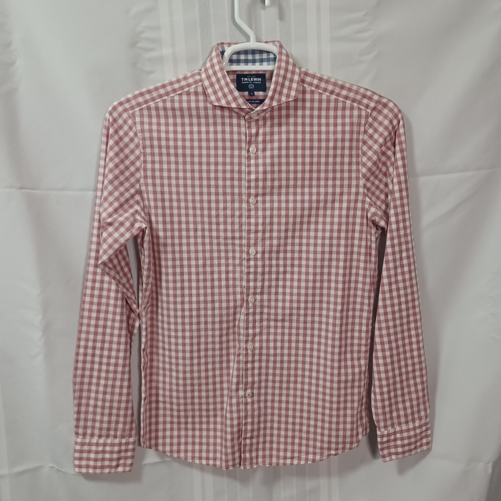 TM Lewin Button Down Mens S Red Peached Melange Gingham Fitted Dress Shirt
